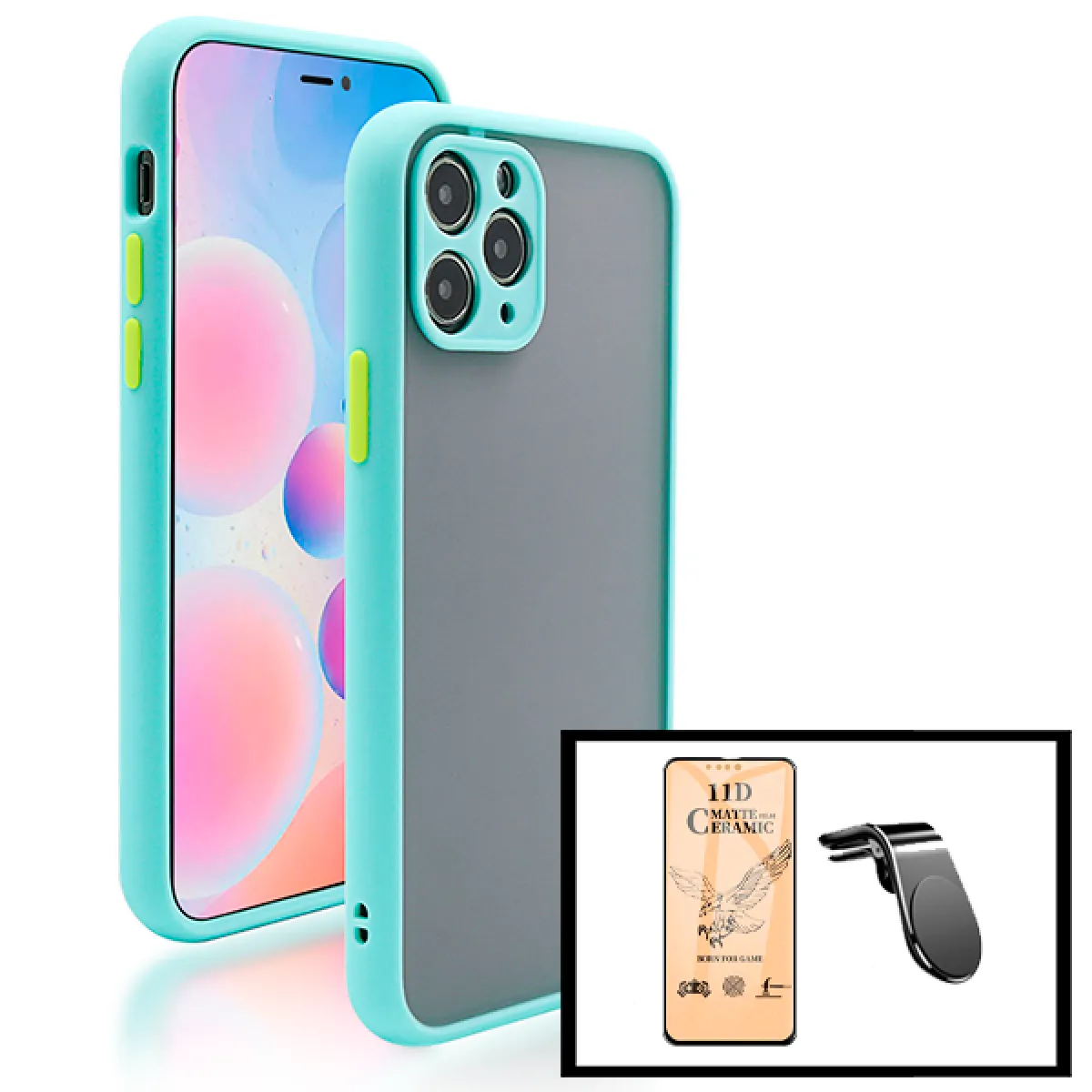 Kit Coque Antichoc Avec Caméra Protection + Film de Verre Trempé CeramicGlass Full Cover + Support Magnétique L Conduite en Toute Sécurité pour iPhone 13 - Bleu Clair