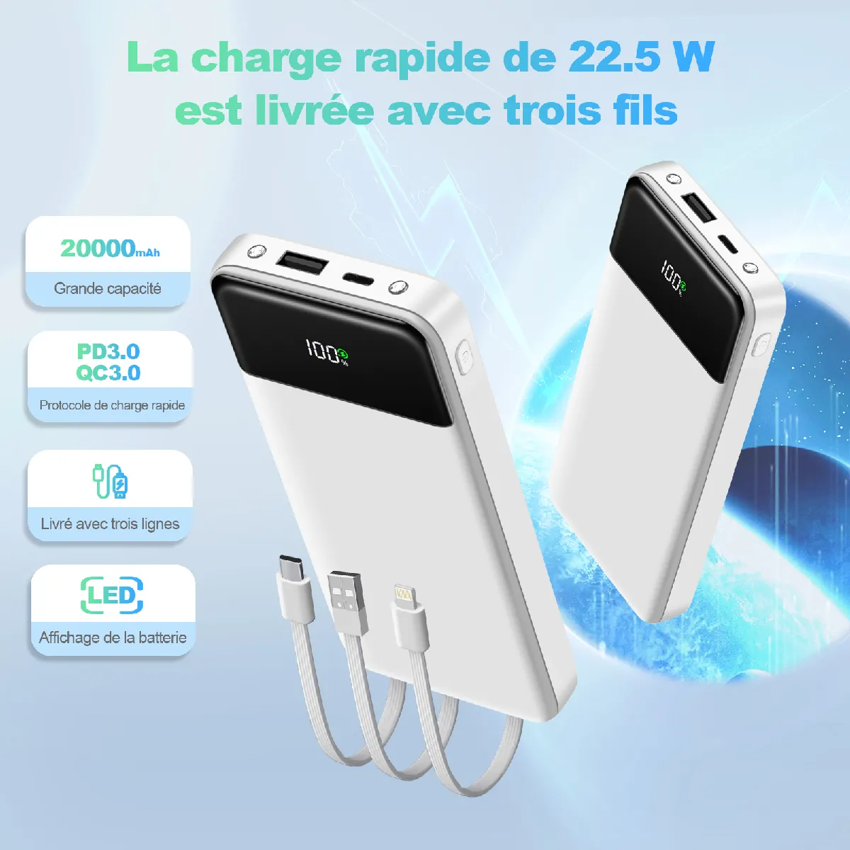 Batterie Externe 22.5W 20000mAh Power Bank Charge Rapide, Batterie Portable USB C Input & Output PD3.0 QC4.0 Power Bank Compatible avec iPhone 15 14 13 12 Pro Max Mini Plus Samsung iPad etc