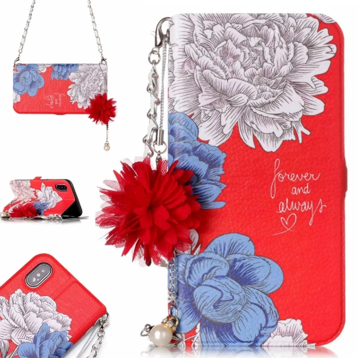 Coque rouge pour iPhone X fond motif de chrysanthème horizontal étui en cuir flip avec titulaire et emplacements cartes fleur perle ornement chaîne