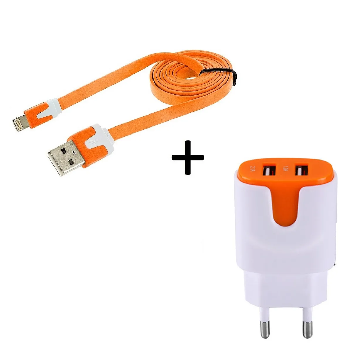 Pack Chargeur pour IPHONE 8 PLUS Smartphone Micro-USB (Cable Noodle 1m Chargeur + Double Prise Secteur Couleur USB) Android (ORANGE)