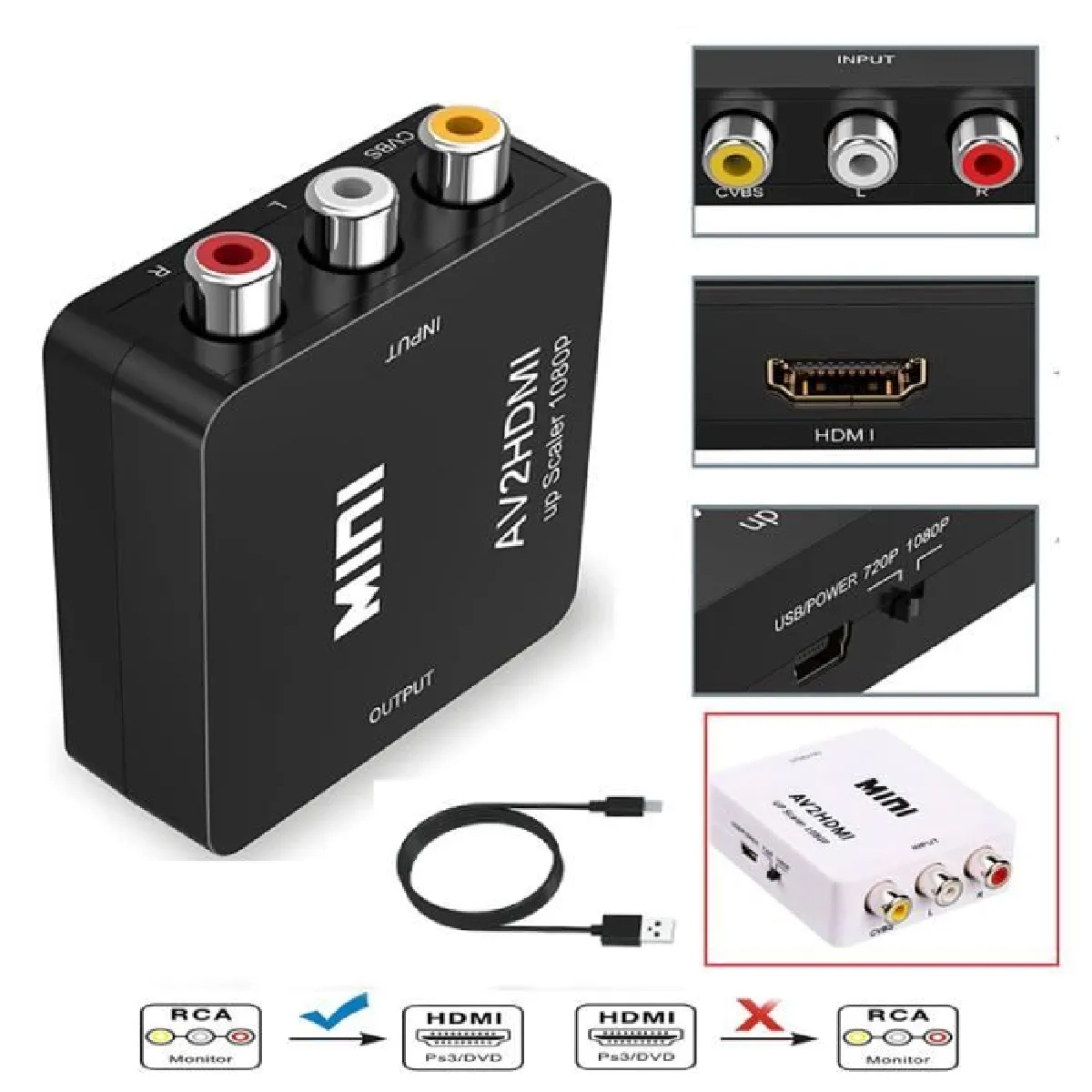 Adaptateur de Convertisseur Audio Analogique Mini RCA AV en HDMI Composite AV2 HDMI Converter 1080P HDTV DVD