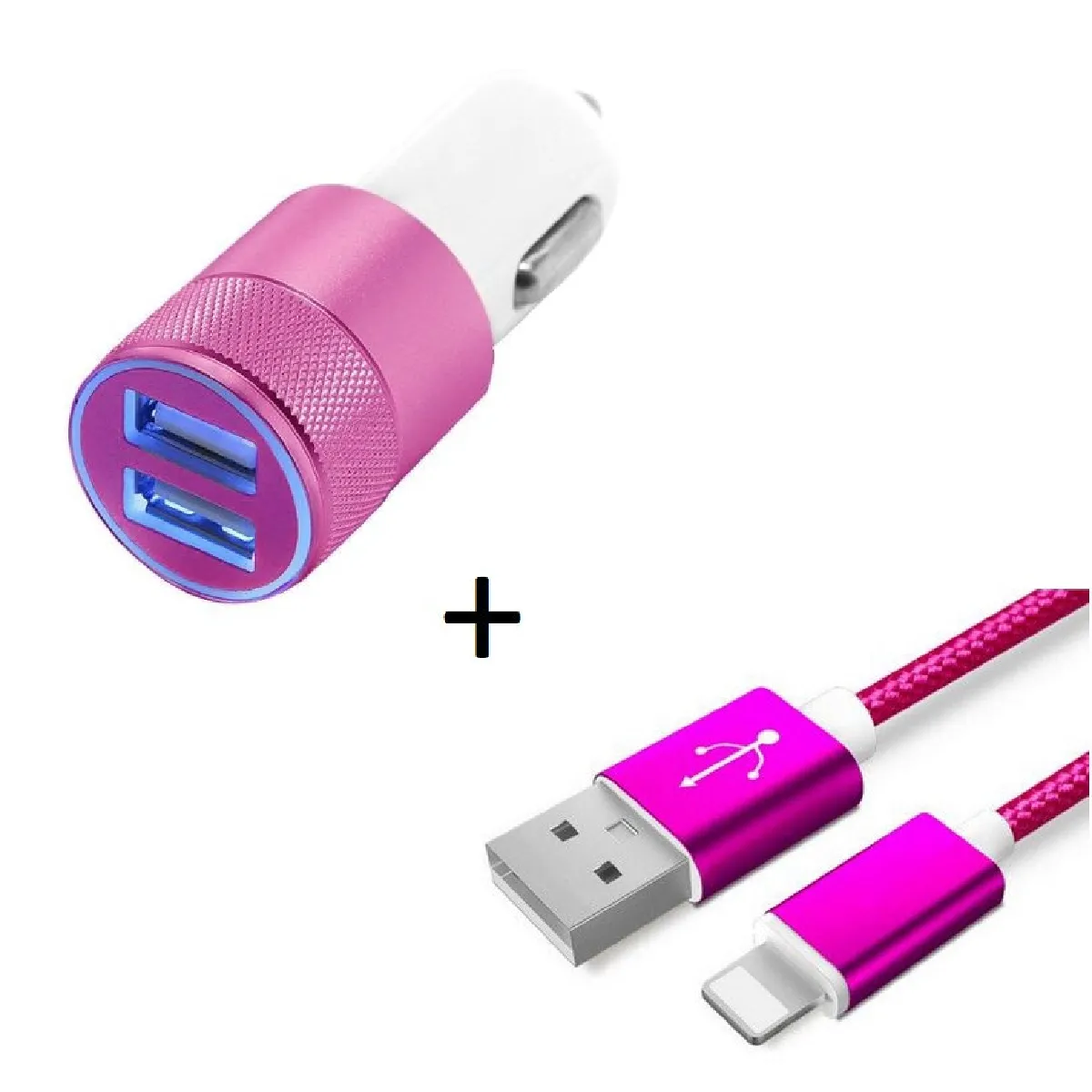 Pack Chargeur Voiture pour IPHONE 8 PLUS Lightning (Cable Metal Nylon + Double Adaptateur Prise Allume Cigare) APPLE (ROSE)