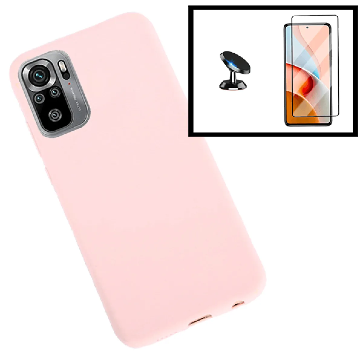 Kit de Film de Verre Trempé 5D à Couverture Complète + Coque en Silicone Liquide + Support Magnétique pour Xiaomi Poco M3 Pro - Rose