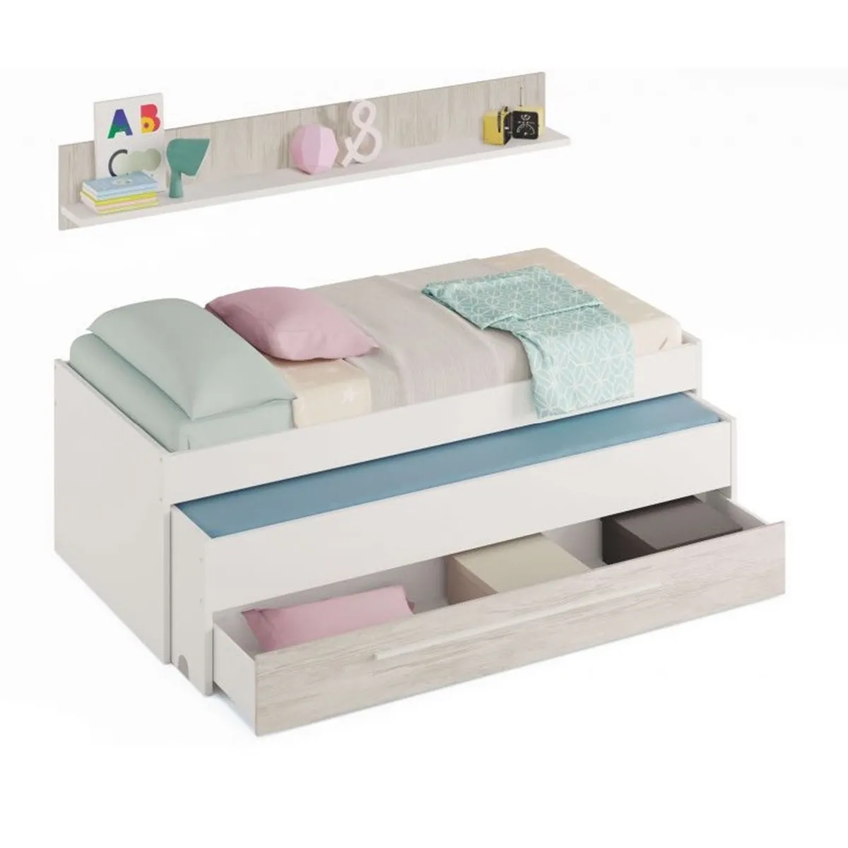 Lit enfant gigogne double coloris blanc artic / blanc poli - Hauteur 65 x Longueur 199 x Profondeur 96 cm