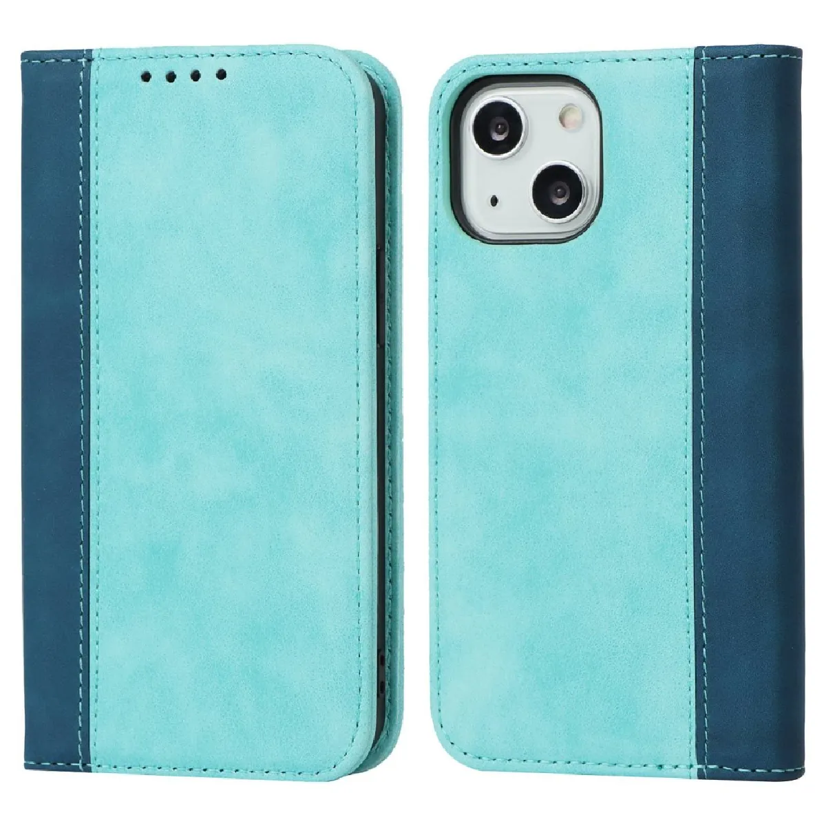 Etui en PU épissage bicolore, auto-absorbé magnétiquement, texture du mollet, anti-chutte avec support pour votre iPhone 14 - Bleu clair/bleu foncé