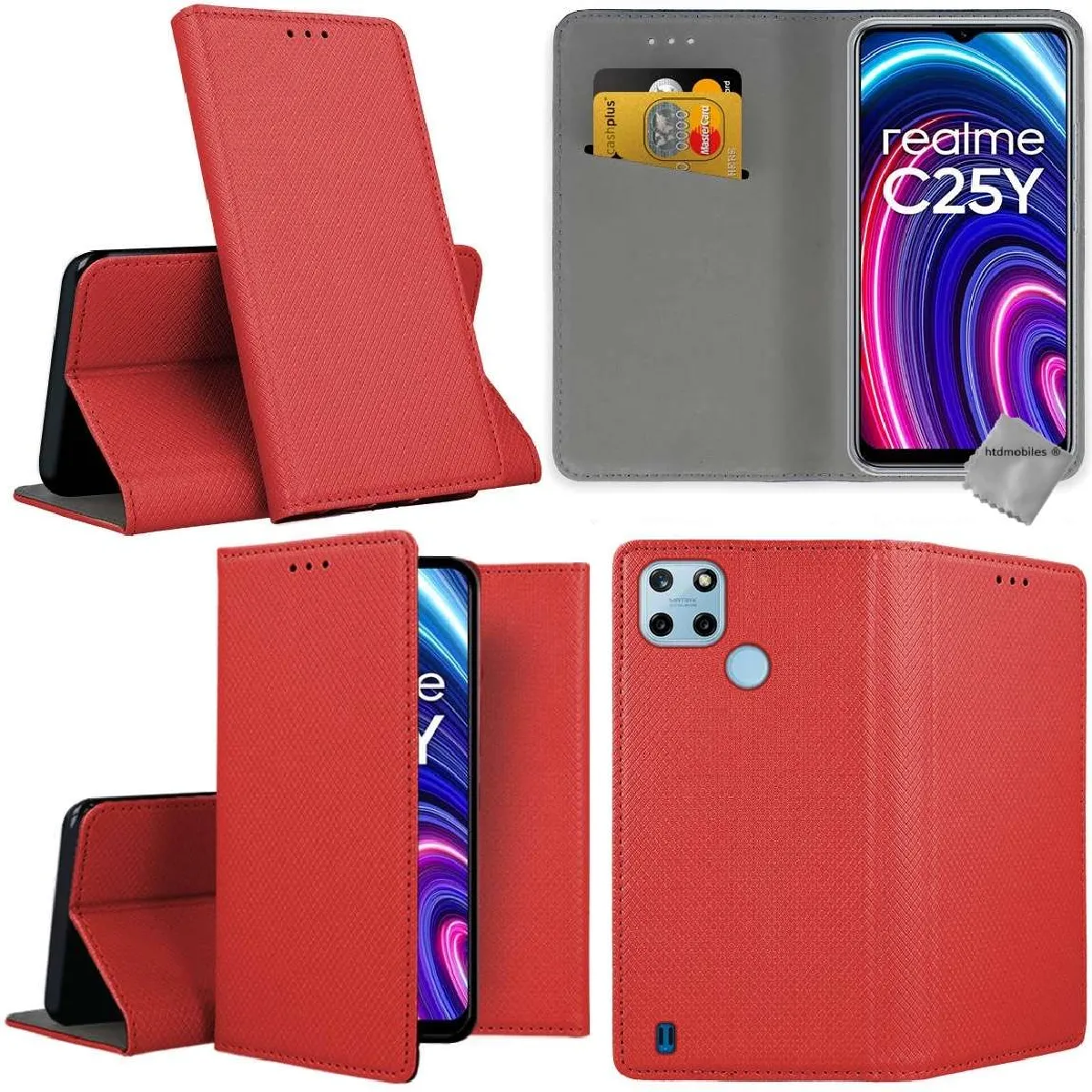 Housse etui portefeuille avec coque intérieure en silicone pour Realme C21-Y / C25Y + film ecran - ROUGE MAGNET