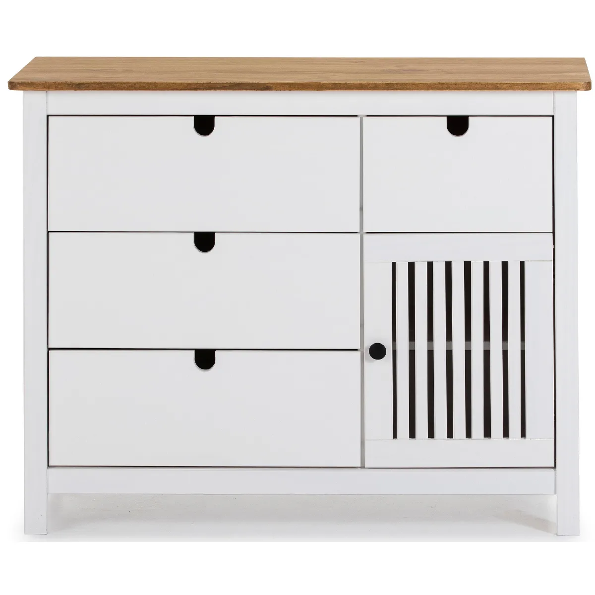 Commode en pin massif décor ciré blanc mat, meuble de rangement - Longueur 100 x Profondeur 40 x Hauteur 80 cm