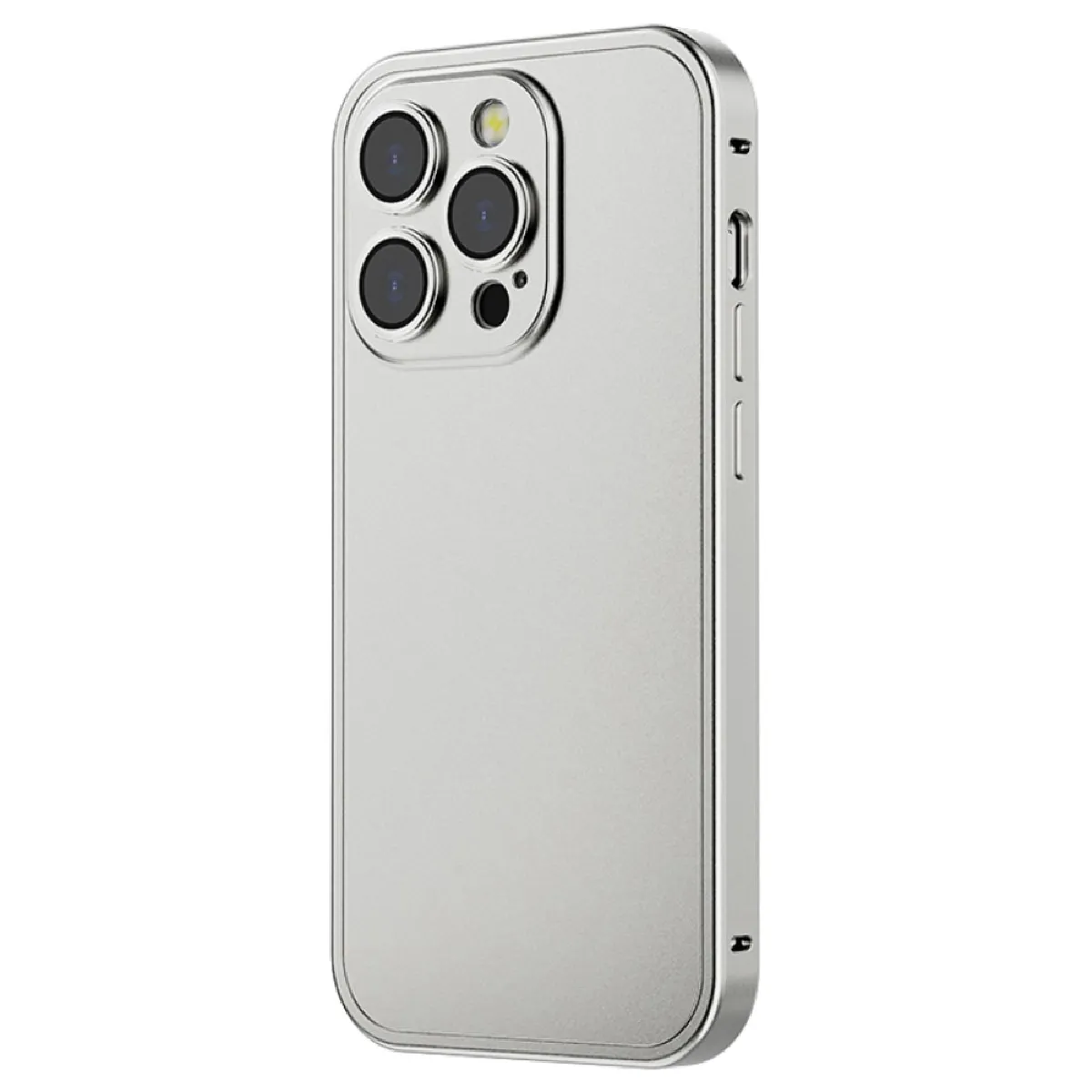 Coque avec cadre en alliage d'aluminium antichoc, antichute, mat avec boucle à cliquet pour lentille pour votre iPhone 14 Pro - argent