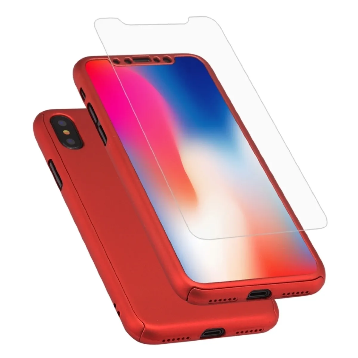 Coque renforcée rouge pour iPhone X 360 degrés couverture complète détachable PC Housse de protection avec film en verre trempé