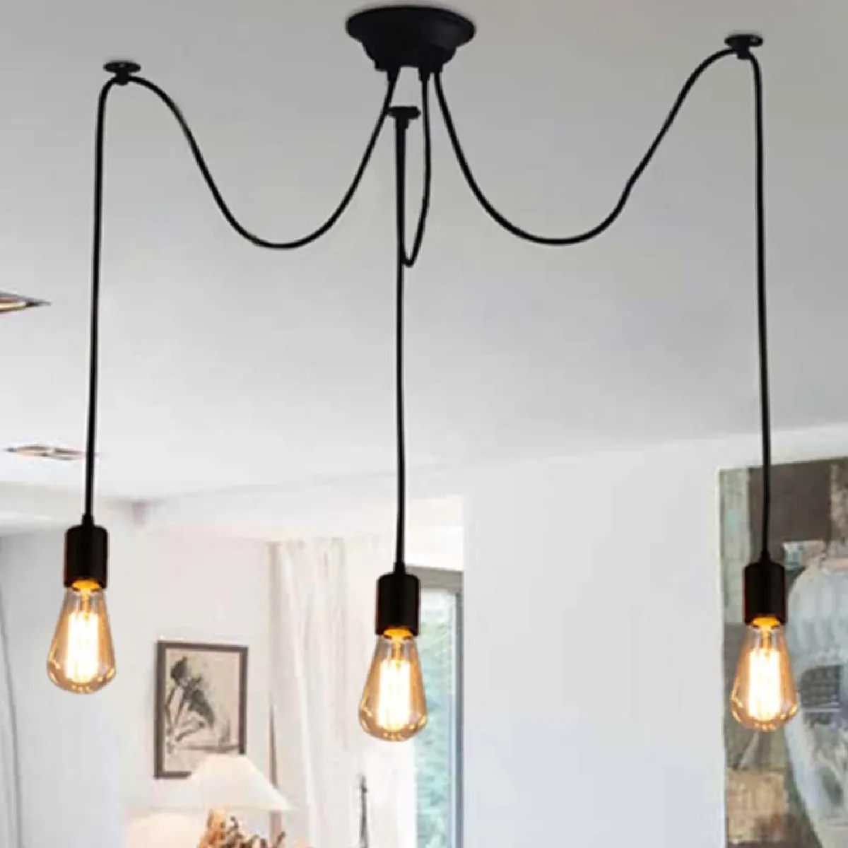 Lustre Suspension Araignee E27 Douille Rétro Industriel abat-jour Noir, DIY Ajustable Longueur avec 1.5m Fil, 3 bras (pas d'ampoule)