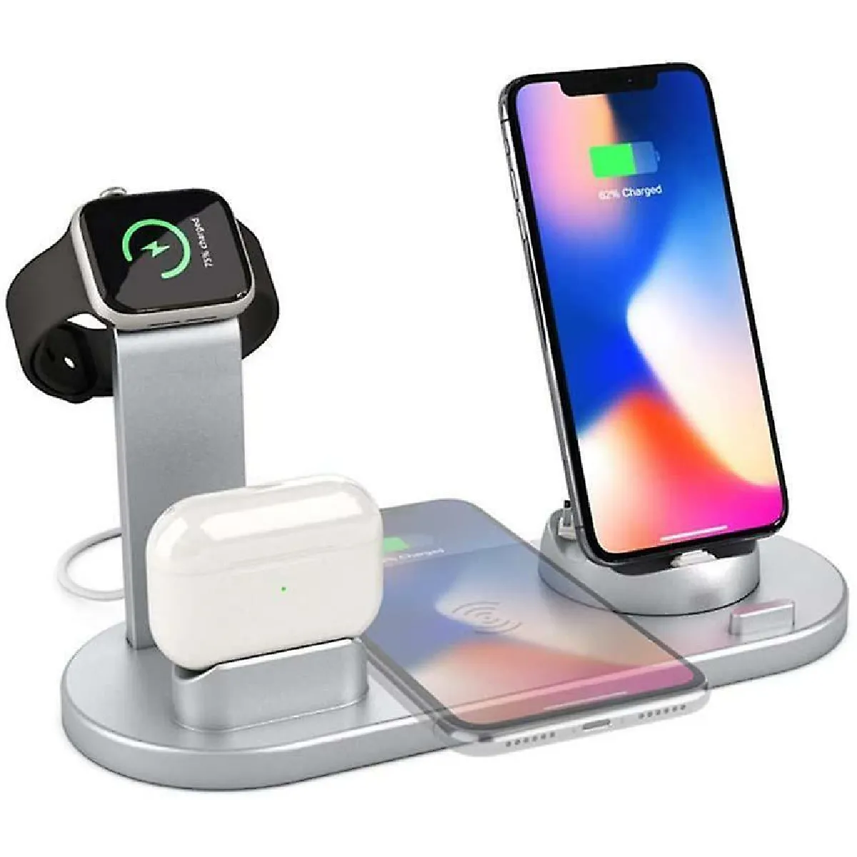 Station de charge sans fil 4 en 1, station de charge rotative à 360 ° pour téléphones Apple/Micro/type C, support de charge rapide sans fil Qi pour série iWatch, Airpods, iPhone, Samsung Galaxy,(argent)