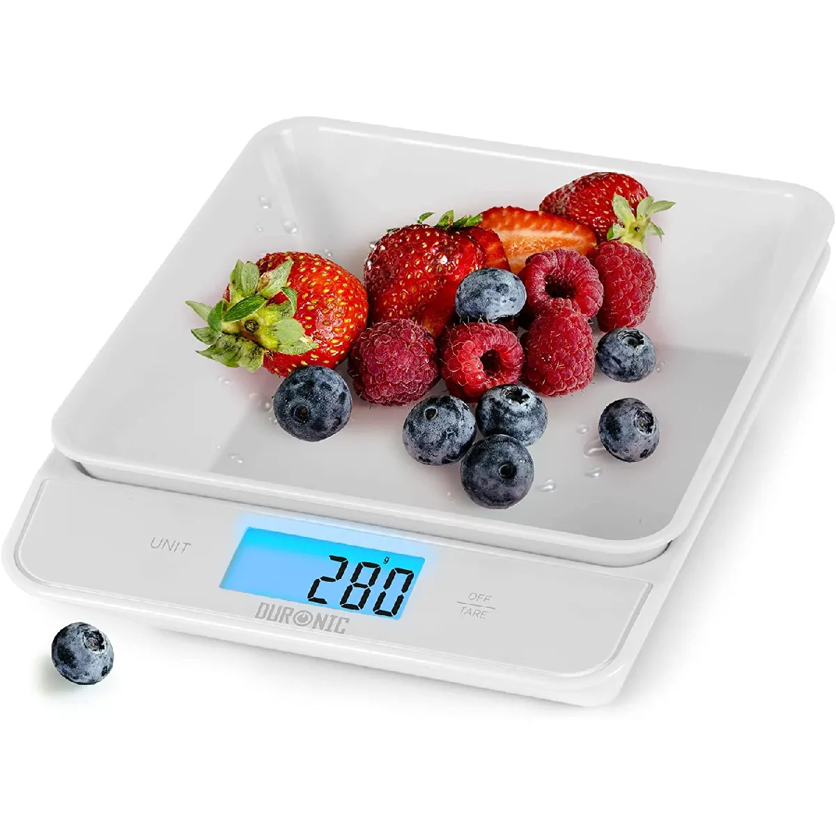 KS100 WH Balance de cuisine blanche   Capacité de 5 kg   Bol de 1,2L inclus   Large écran rétroéclairé   Fonction d'ajout de poids   4 capteurs précis   Idéale pour la pâtisserie ou comme balance postale