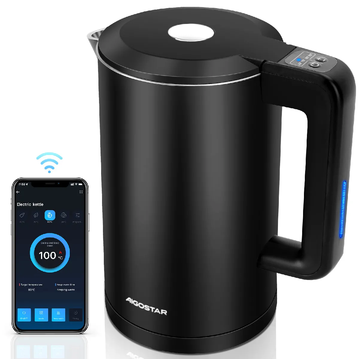 Benjamin Smart - Bouilloire connectée 1.7L Cool Touch. Acier inox, température réglable, maintien au chaud. Alexa, Google Home.