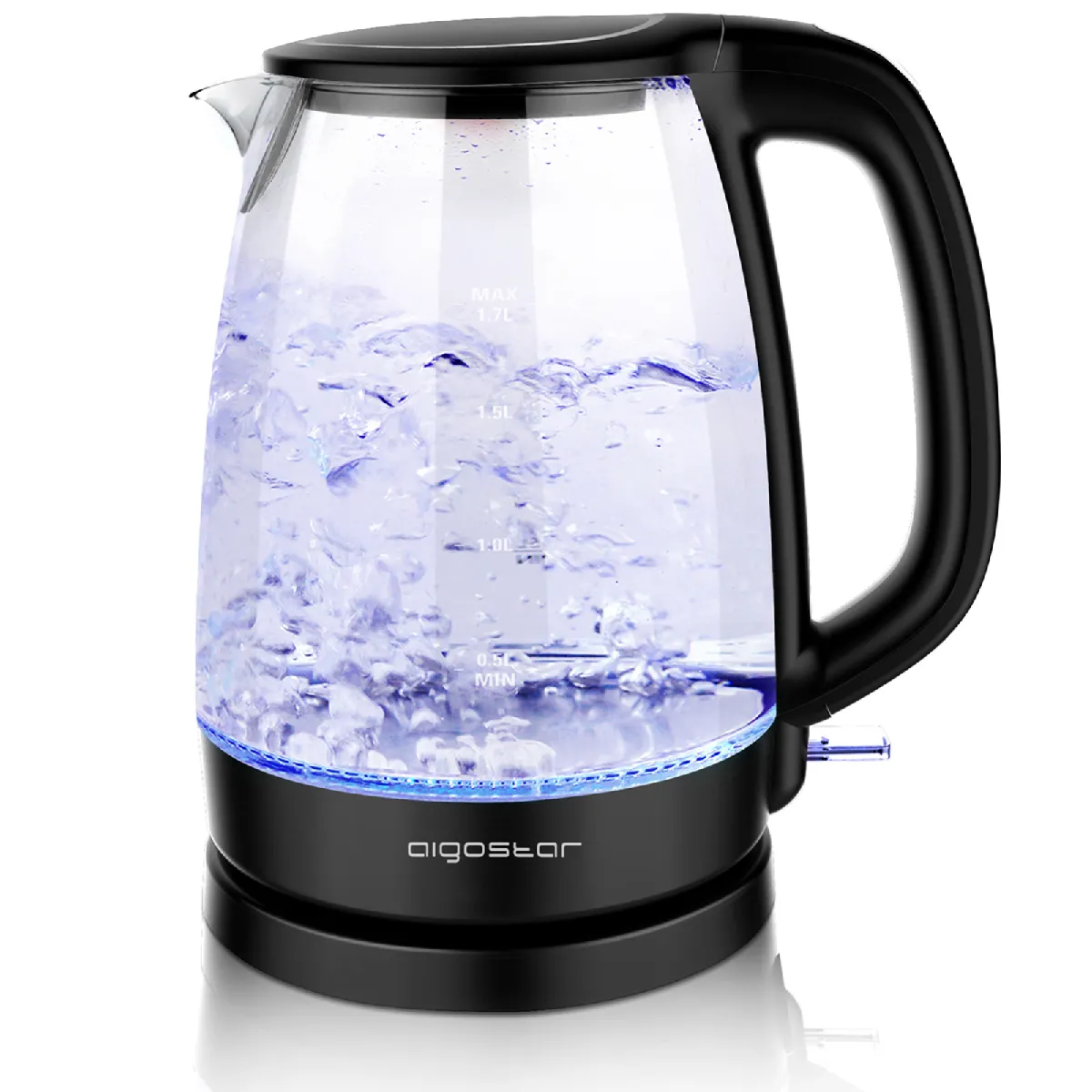 Adam - Bouilloire de 1,7L et 2200W en verre borosilicaté avec illumination LED bleue. 0% BPA, protection contre l'ébullition à vide, arrêt automatique, filtre anticalcaire, base à 360°. Noire.