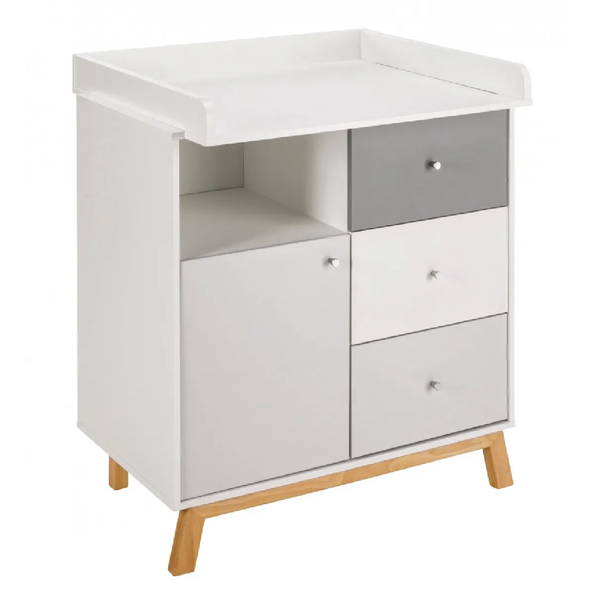 Commode avec plan à langer 3 tiroirs bois gris et pieds hêtre Vegas L 102 x H 90 x P 53/72 cm