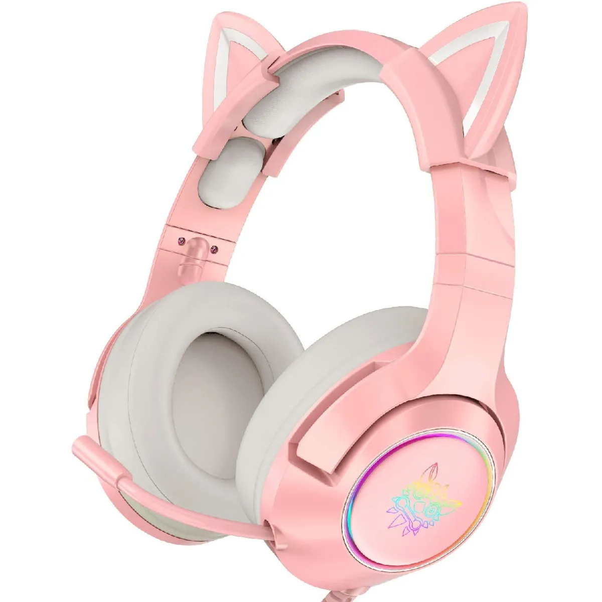 ONIKUMA Casque de jeu rose avec oreilles de chat amovibles, pour PS5, PS4, Xbox One (adaptateur non inclus), Nintendo Switch, PC, avec son surround, lumière LED RVB et microphone rétractable antibruit( Rose)