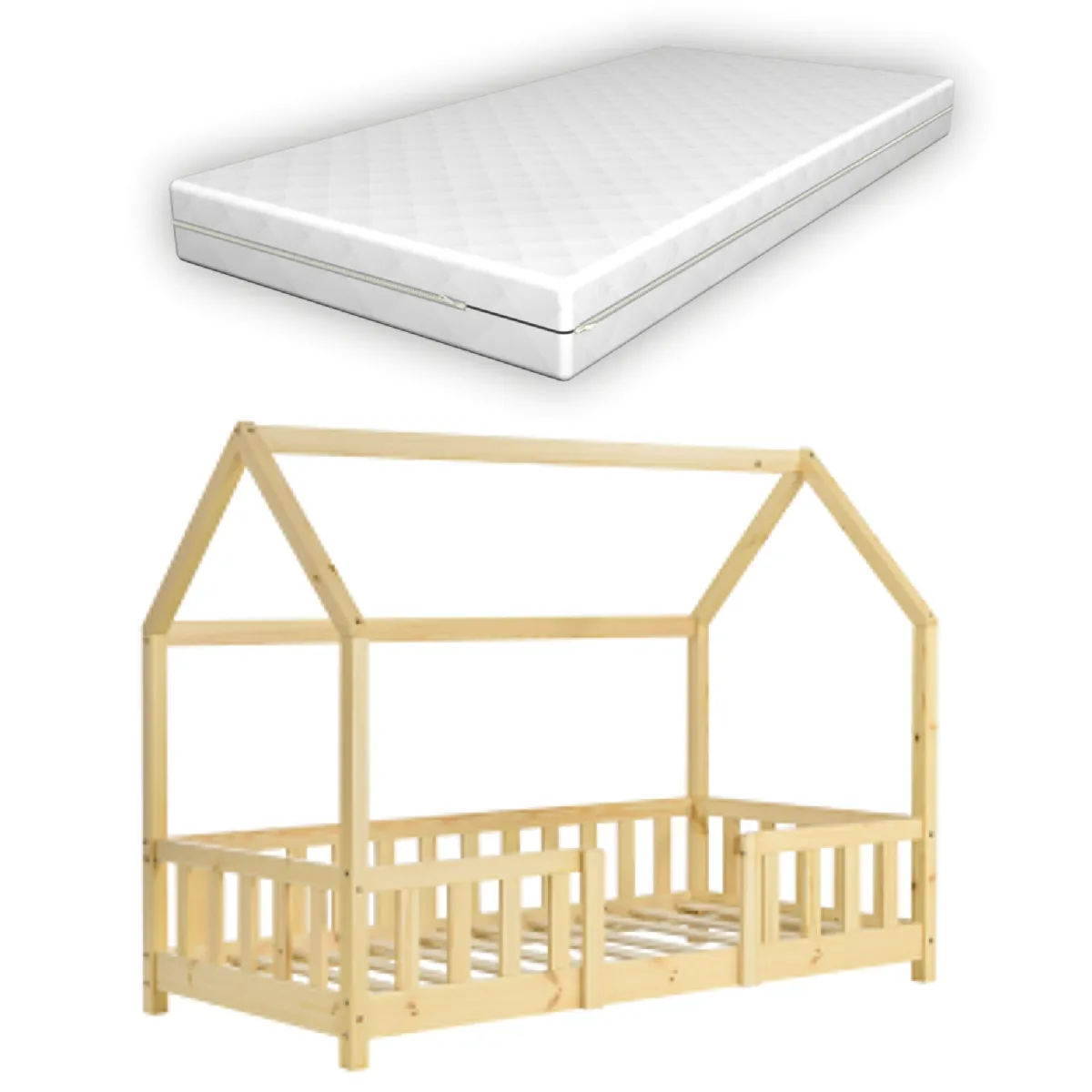 Lit pour enfant cabane maison avec matelas barrière et sommier à lattes en bois de pin naturel 80 x 160 cm 03_0005483