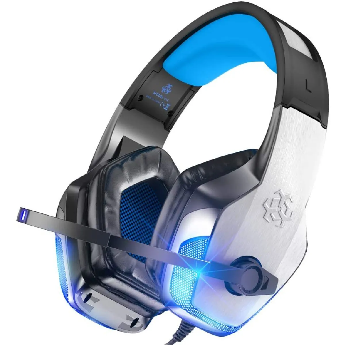 Casque de jeu Chronus V-4 pour Xbox One, PS4, PC, contrôleur, casque antibruit sur l'oreille avec micro, cache-oreilles à mémoire douce surround à lumière LED pour PS2 Mac Nintendo 64 jeux PS5(bleu)