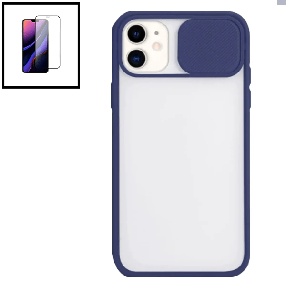 Kit Coque avec fenetre Anti-Choc mat + Film de Verre Trempé 5D à Couverture Complète pour iPhone SE 2020 - Bleu foncé