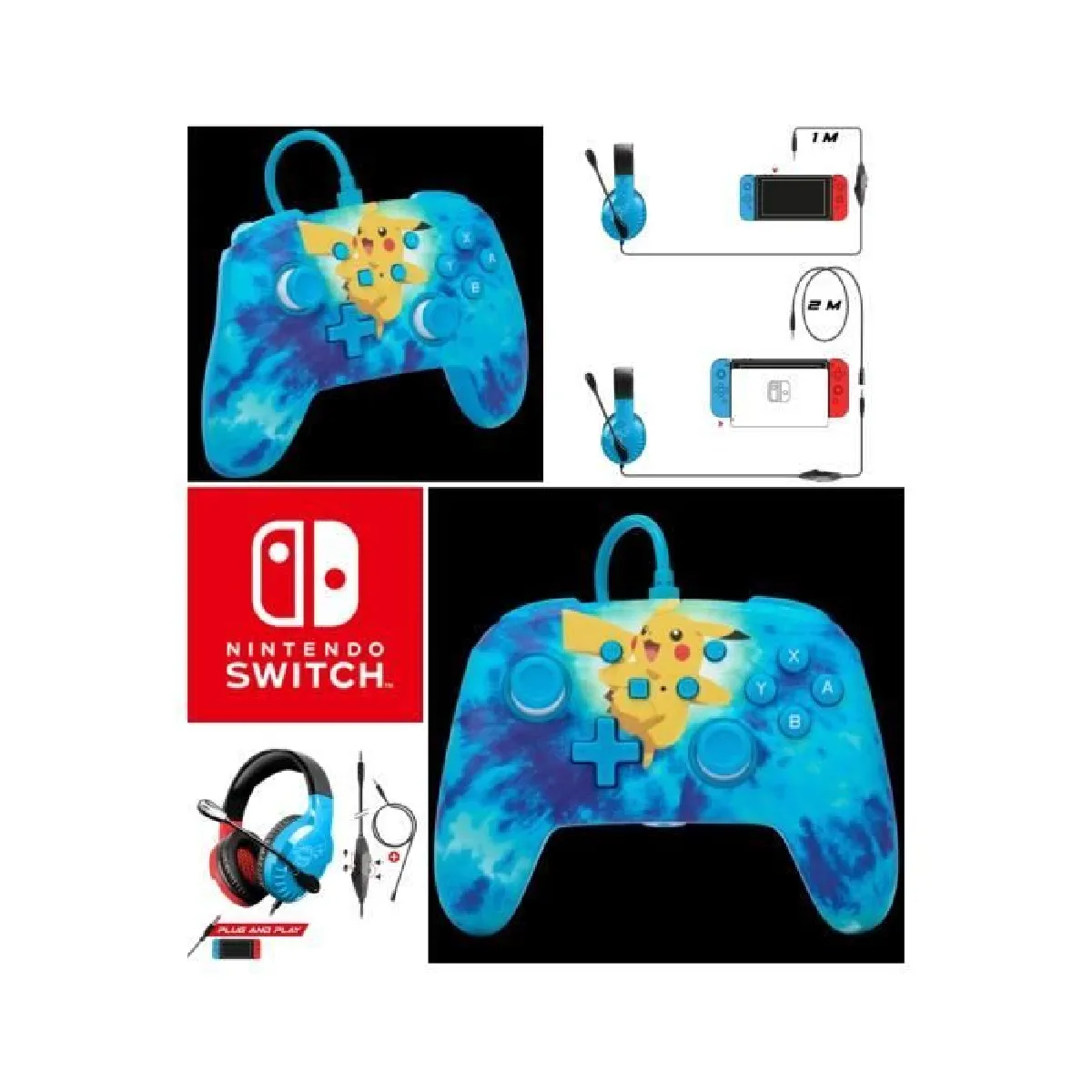 Manette filaire SWITCH Pokémon Pikachu Tie Dye Officielle Nintendo Câble USB détachable + CASQUE SWITCH SPIRIT OF GAMER ROUGE BLEU