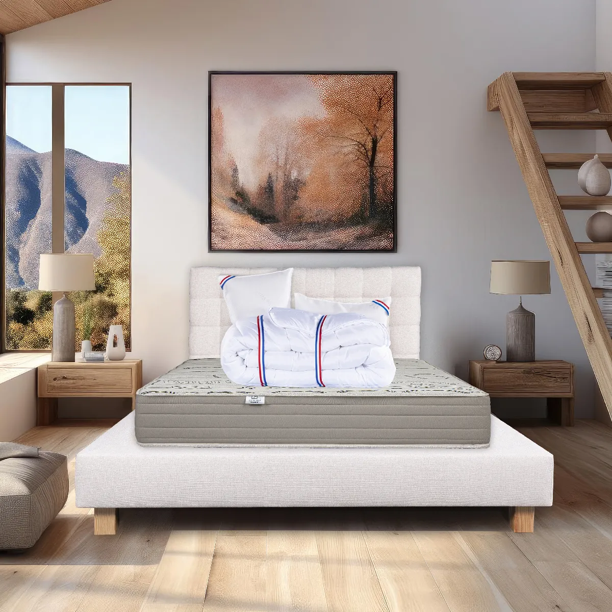 Ensemble matelas OrganicCoton 140x190 cm + sommier beige ep20cm + 2 oreillers + couette + Tête de Lit