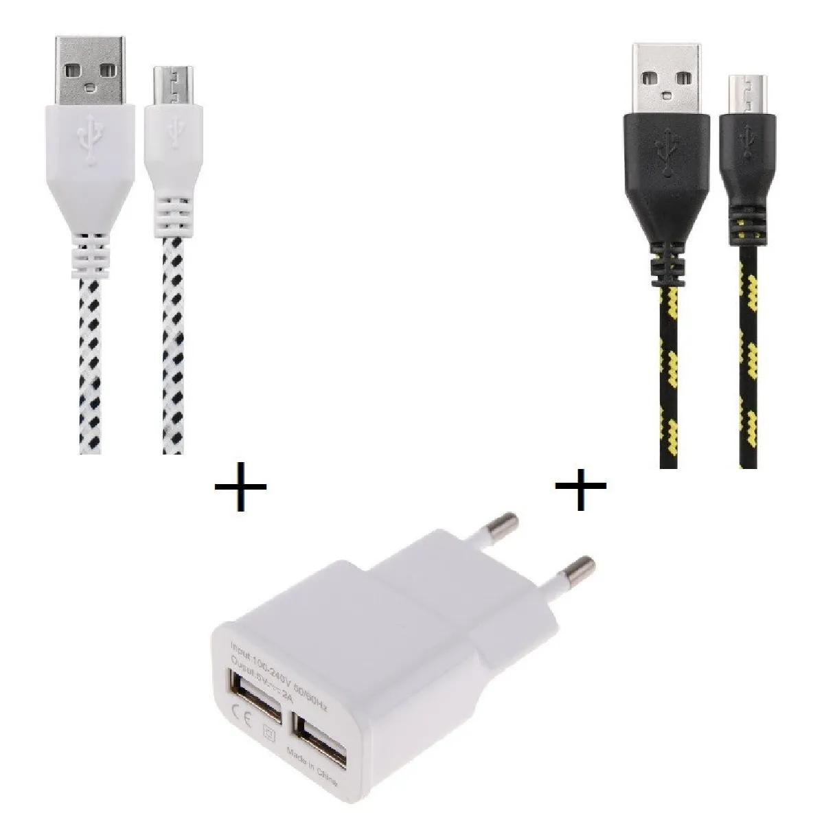 Pack Chargeur pour Manette Xbox One Smartphone Micro-USB (2 Cables Tresse 1m Chargeur + Prise Secteur Double USB) Murale Androi