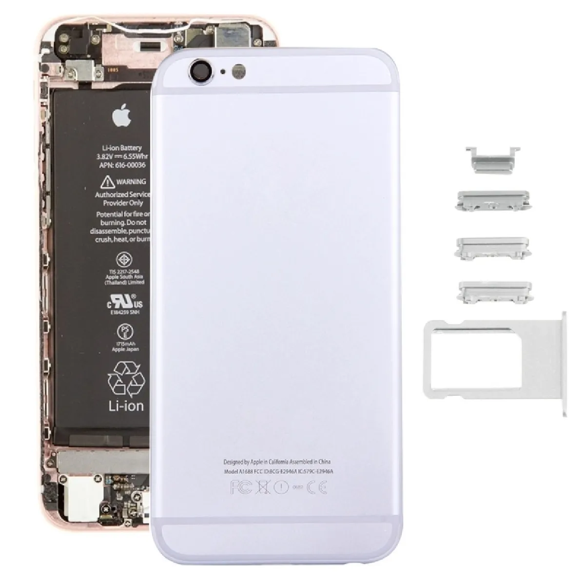 Pour iPhone 6s couverture arrière argent + plateau de carte + touche de contrôle du volume + bouton d'alimentation + de vibration du commutateur de mise en sourdine couvercle du boîtier de l'ensemble complet pièce détachée 5 en 1