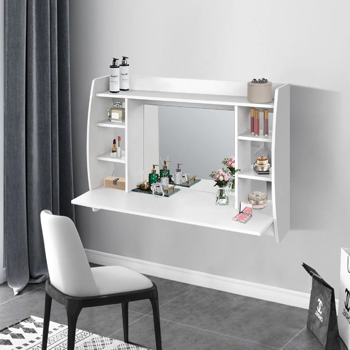 Table de coiffeuse de maquillage suspendue murale blanc avec miroir et étagères