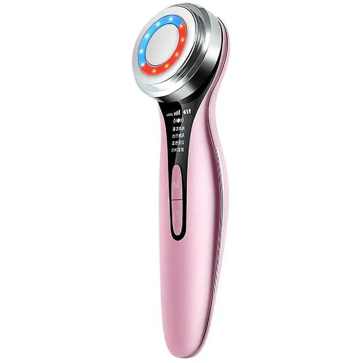 Appareil de beauté à ultrasons multifonction Appareil de massage du visage avec photophore LED Rouge Bleu Thérapie de la lumière pour soins du visage Anti-rides Anti-âge(Rose)