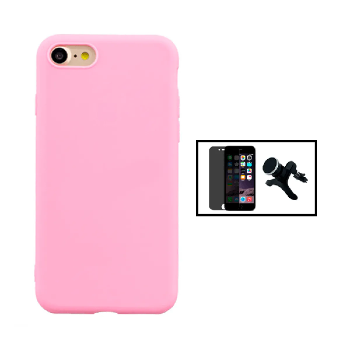 Kit Film Verre Trempé 5D Anti-Spy + Coque Silicone Liquide + Support Magnétique de Voiture Renforcé pour iPhone SE 2022 - Rose