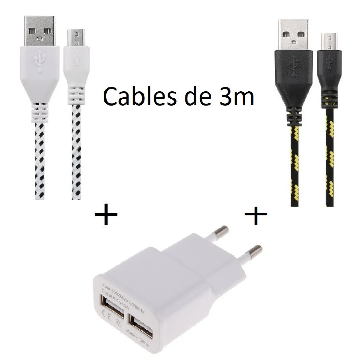 Pack Chargeur pour HUAWEI MediaPad M3 Smartphone Android Micro-USB (2 Cables Tresse 3m + Prise Secteur Double USB)