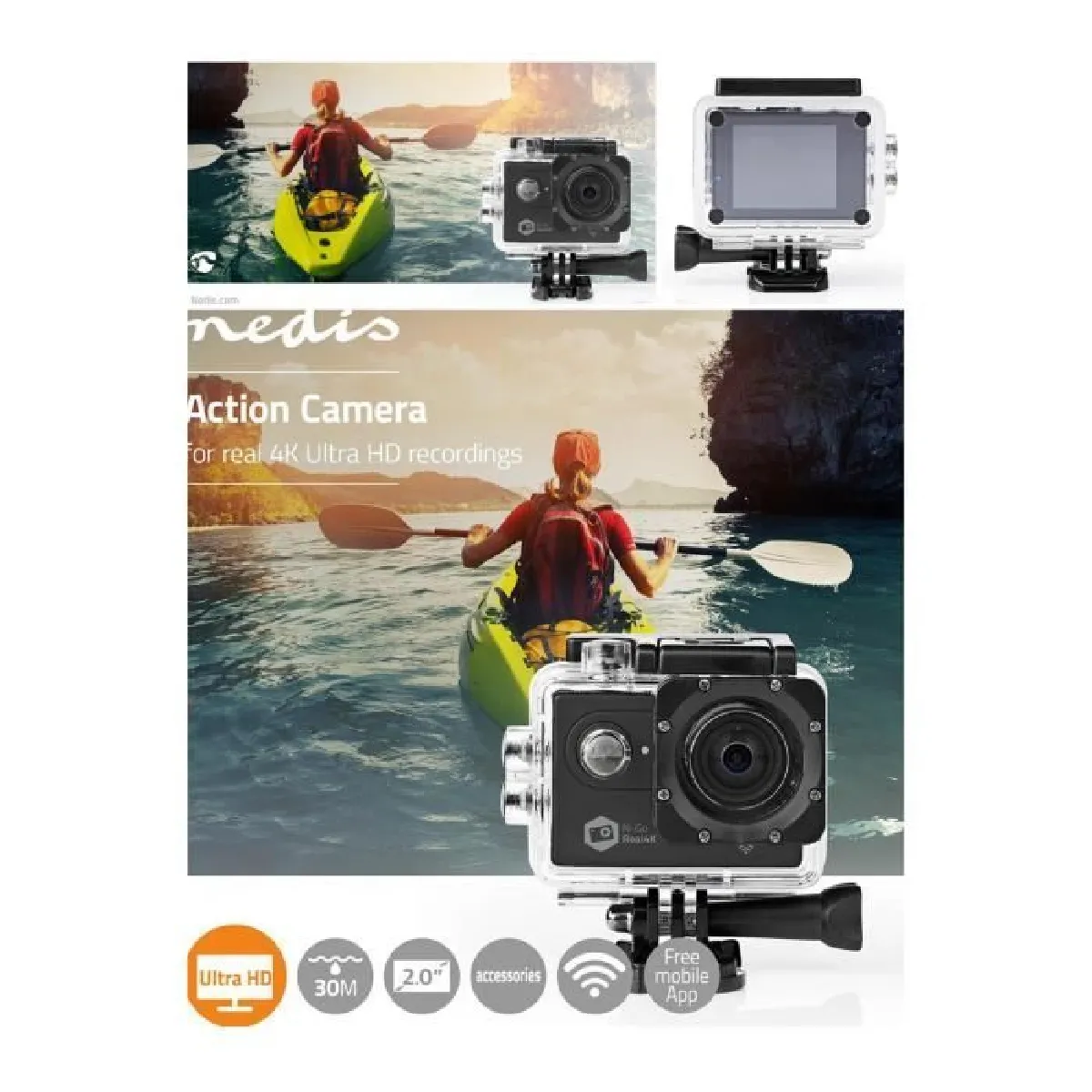 Caméra sport Type GOPRO 4K 60fps 16 MPixel + Support Étanche 30.0 m 90 min Wi-Fi pour : Android™ / IOS