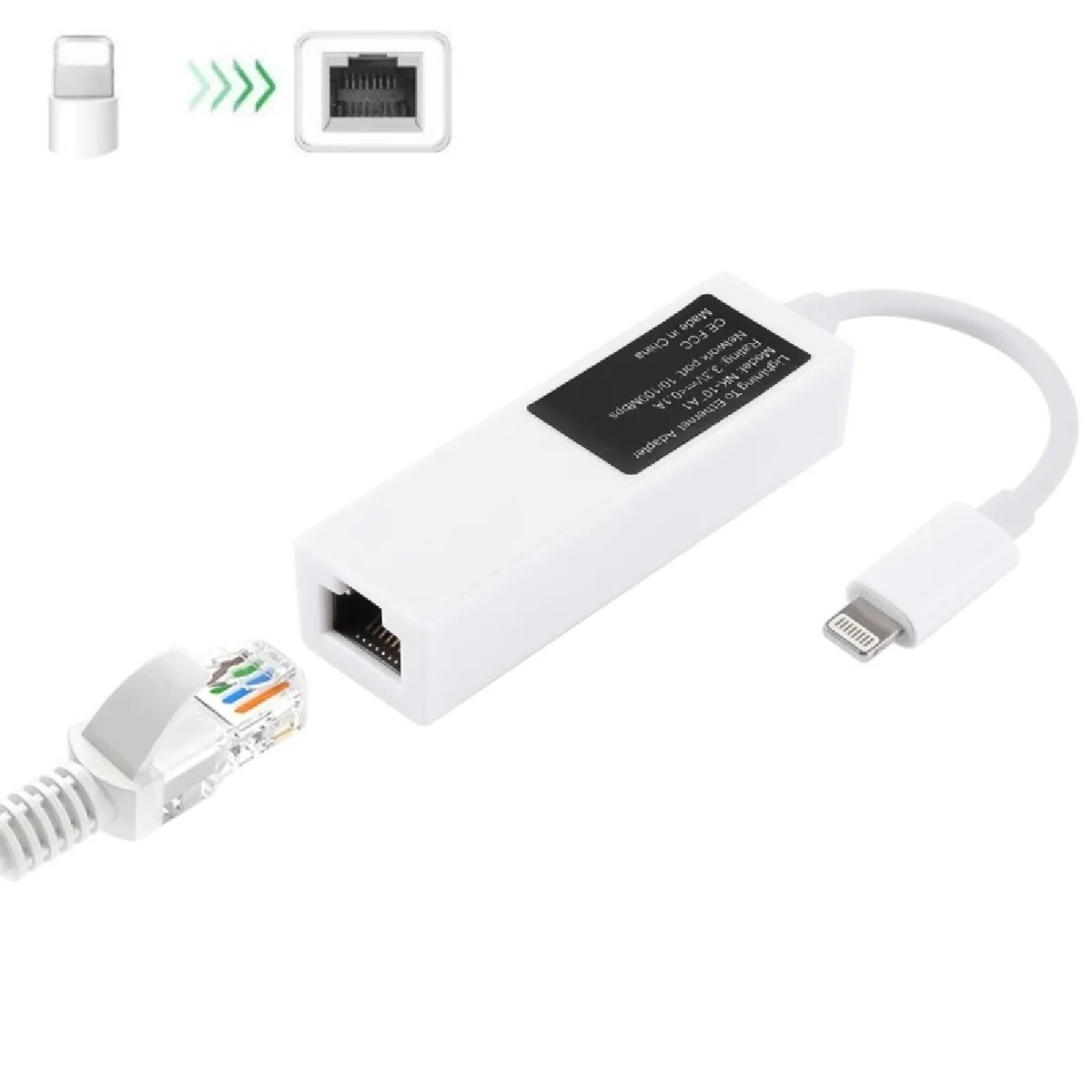 Câble adaptateur réseau LAN Ethernet RJ45 à 8 broches, longueur totale: 16 cm, pour iPhone X, 8 Plus & 7 Plus, 8 & 7, 6 Plus & 6 s Plus, 6 & 6s, iPad Blanc