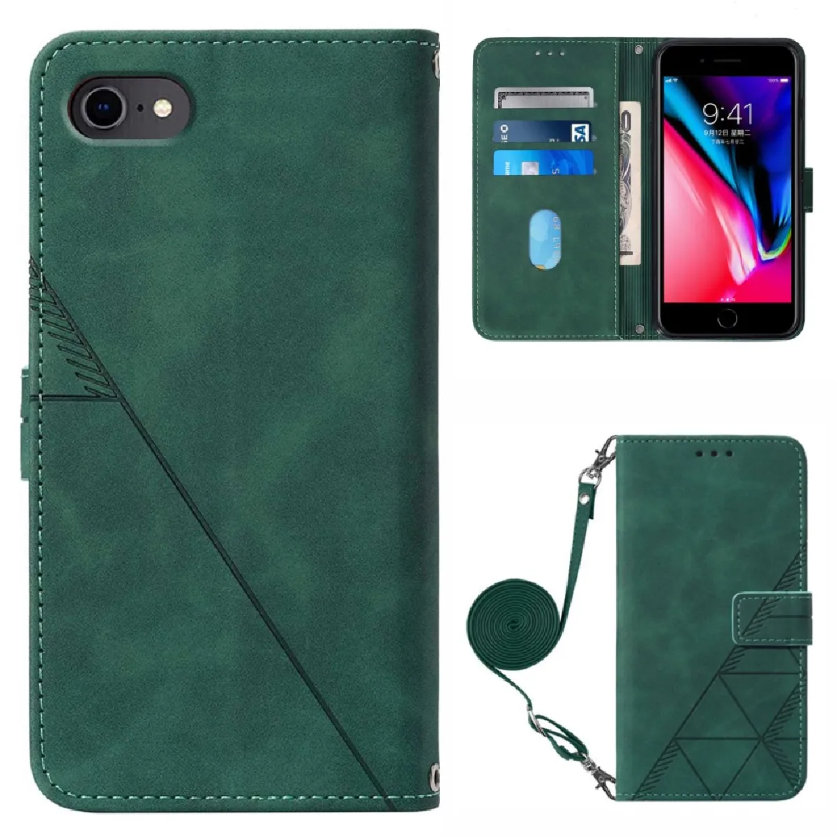 Etui en PU motif de lignes avec bandoulière vert noirâtre pour votre iPhone 6 4.7-pouces/7 4.7 pouces/8 4.7 pouces/SE (2nd Generation)