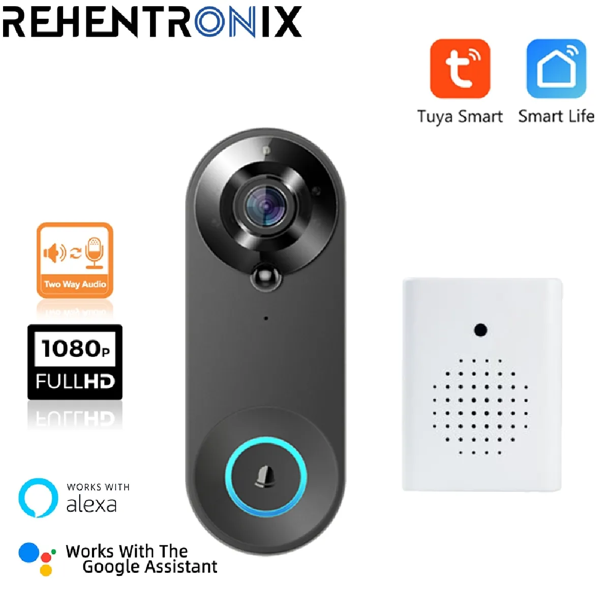 La nouvelle sonnette intelligente de Tuya, l'interphone vidéo WiFi, la sonnette de surveillance HD 1080p.(Le noir)