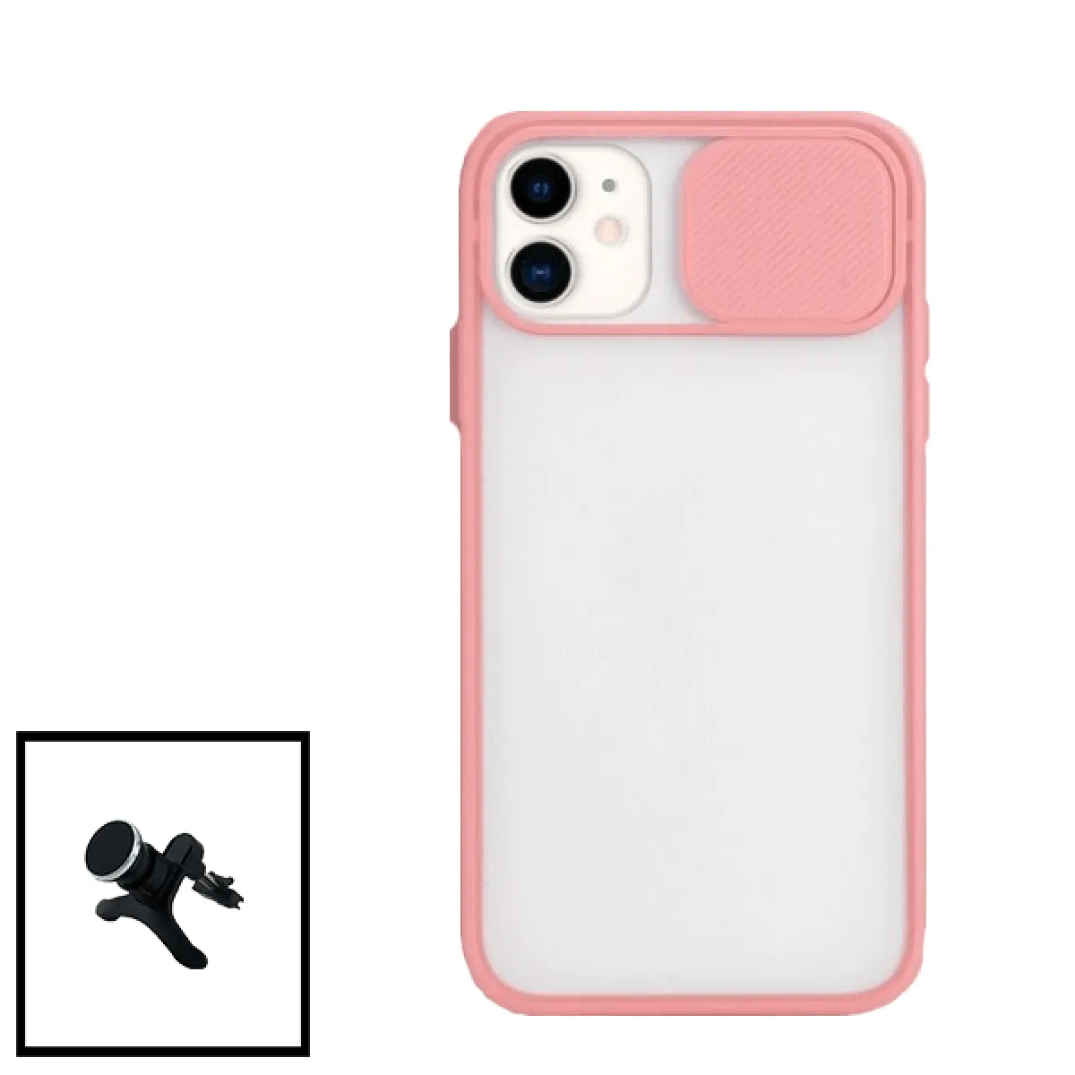 Kit Coque avec fenetre Anti-Choc mat + Support Magnétique de Voiture Renforcé pour iPhone SE 2020 - rose