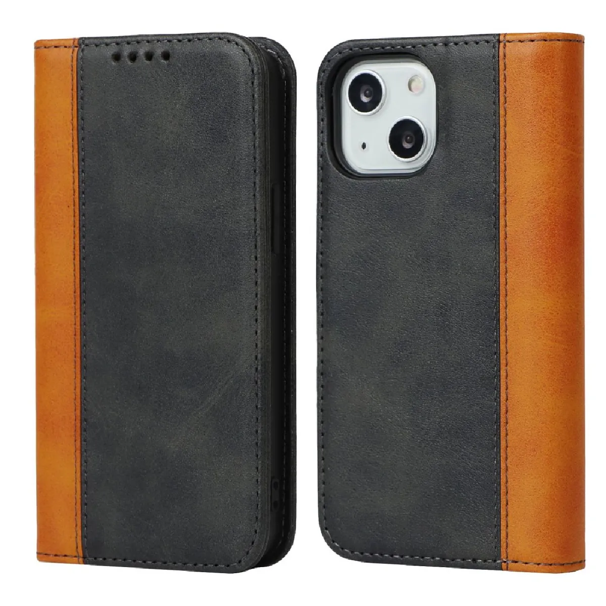 Etui en PU épissures bicolores, texture du mollet, anti-chutte, auto-absorption magnétique avec support pour votre iPhone 14 Plus - Noir/jaune