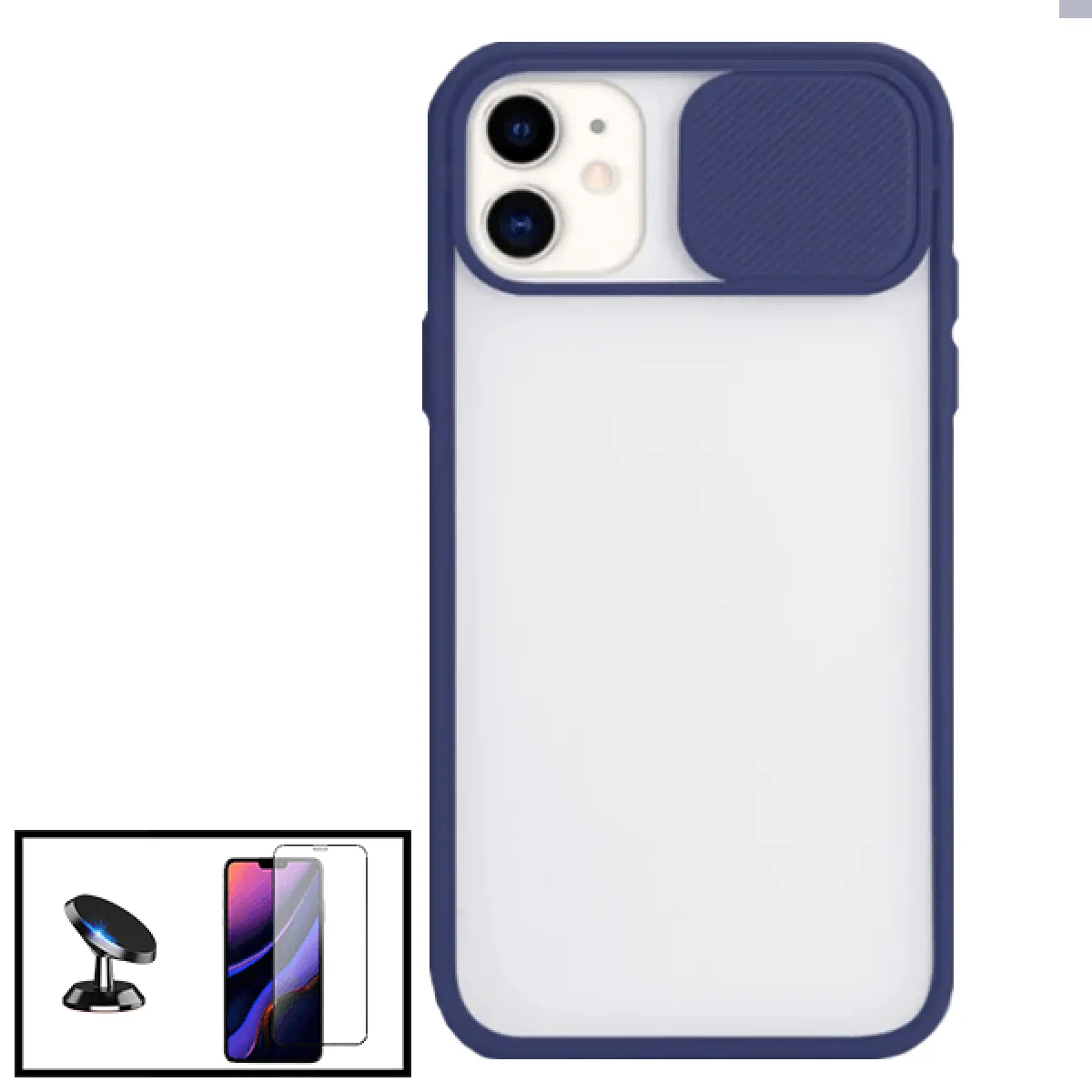 Kit Coque avec fenetre Anti-Choc mat + Film de Verre Trempé 5D à Couverture Complète + Support Magnétique de Voiture pour iPhone SE 2020 - Bleu foncé