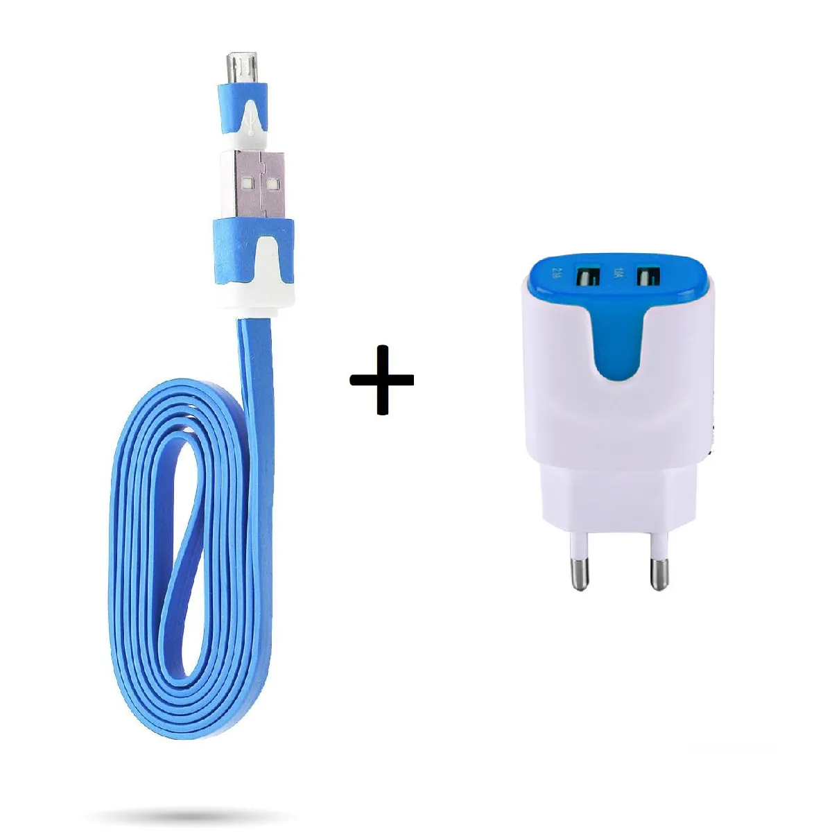 Pack Chargeur pour Manette Xbox One Smartphone Micro-USB (Cable Noodle 1m Chargeur + Double Prise Secteur Couleur USB) Android (BLEU)