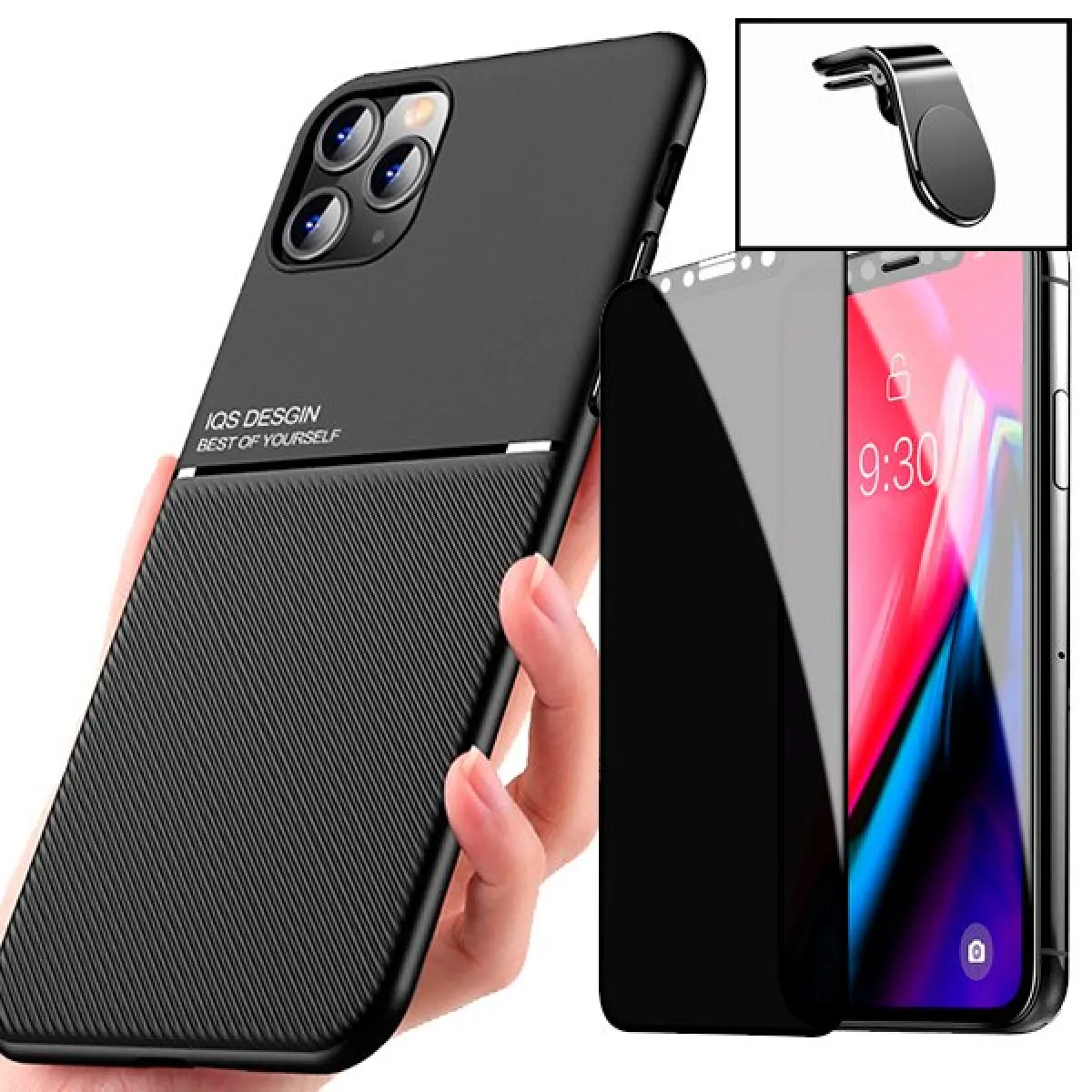 Kit Coque Magnetic Lux + Anti-Spy 5D Full Cover + Support Magnétique L Safe Driving - Iphone 8