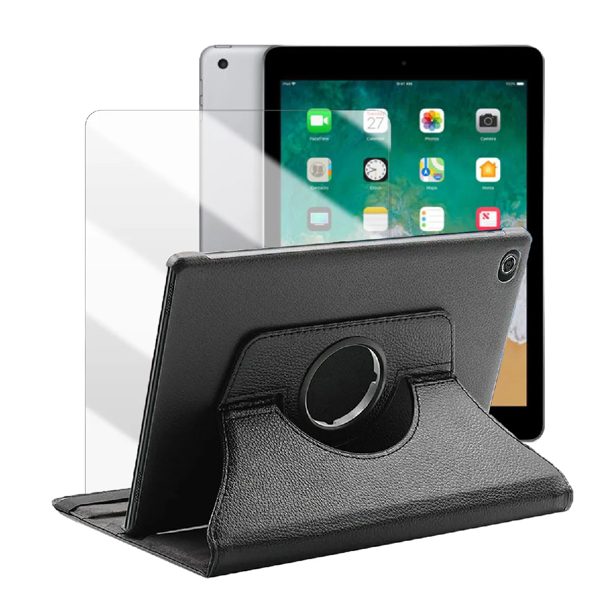 Etui rotatif en simili cuir + verre trempé pour iPad 9.7" (2018) (A1954/A1893) - Noir - Visiodirect -