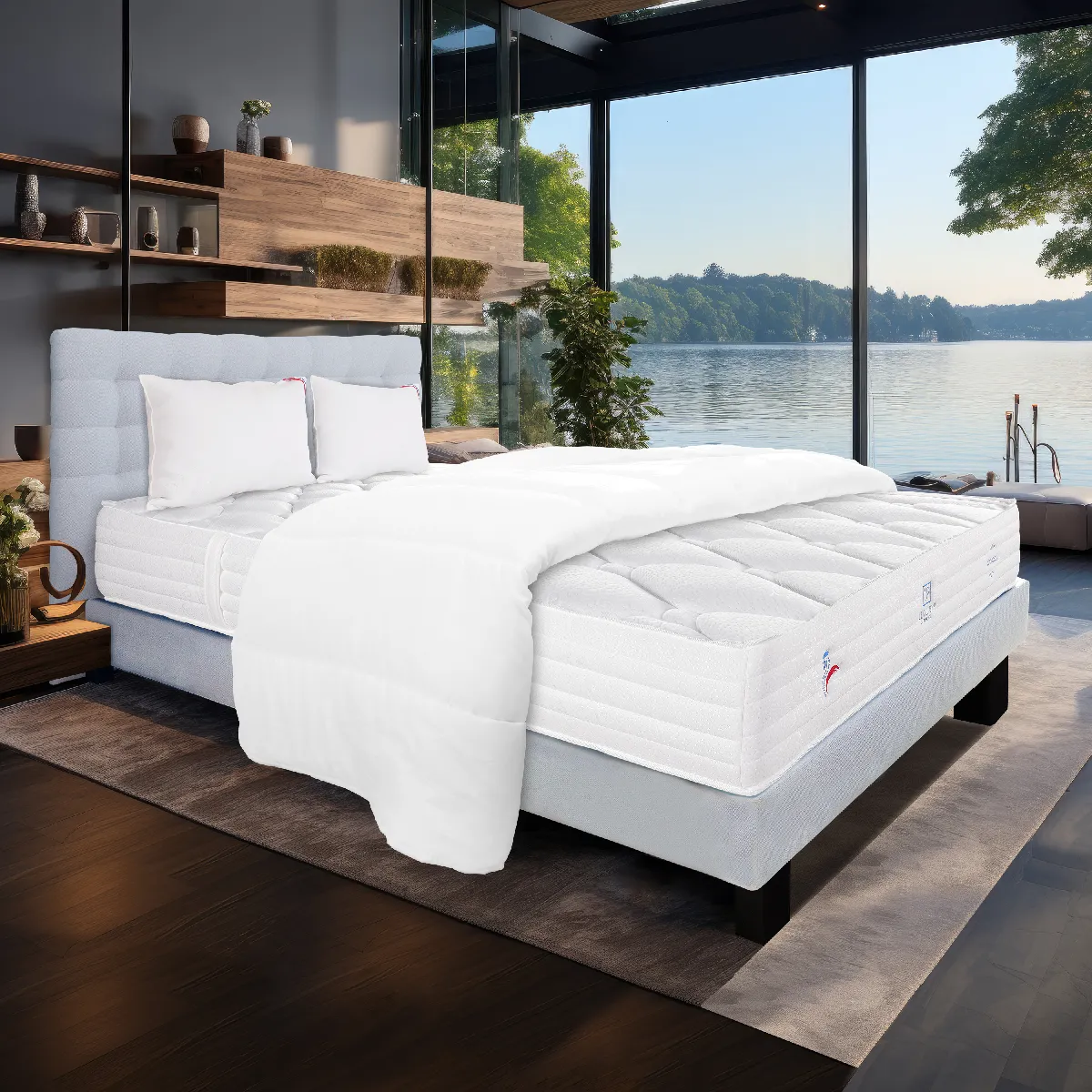 Ensemble matelas Patriote Mousse 160x200 cm + sommier gris ep20cm + 2 oreillers + couette + Tête de Lit