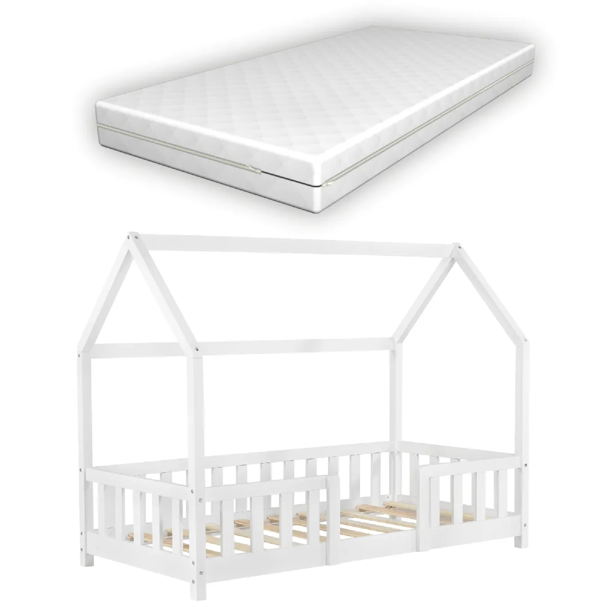 Lit pour enfant cabane maison avec matelas barrière et sommier à lattes en bois de pin blanc 80 x 160 cm 03_0005482