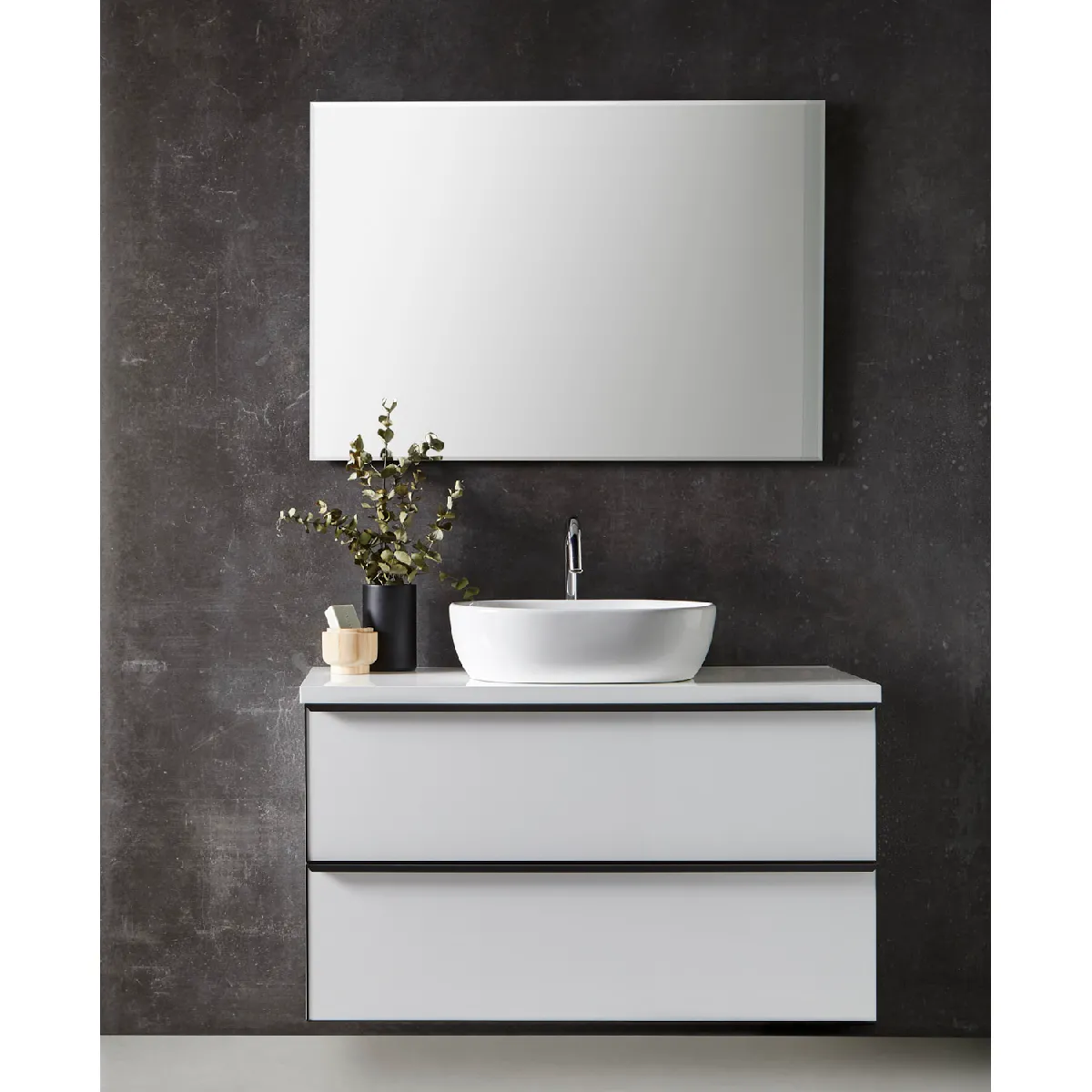 Meuble de salle de bain avec 2 tiroirs suspendus Blanc brillant + vasque à poser + miroir - Longueur 80 x Hauteur 50 x Profondeur 46,5 cm