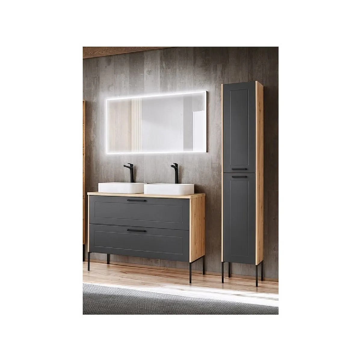 Ensemble meuble sous-vasque + Vasques à poser + Miroir LED - 120 cm - Madera Grey