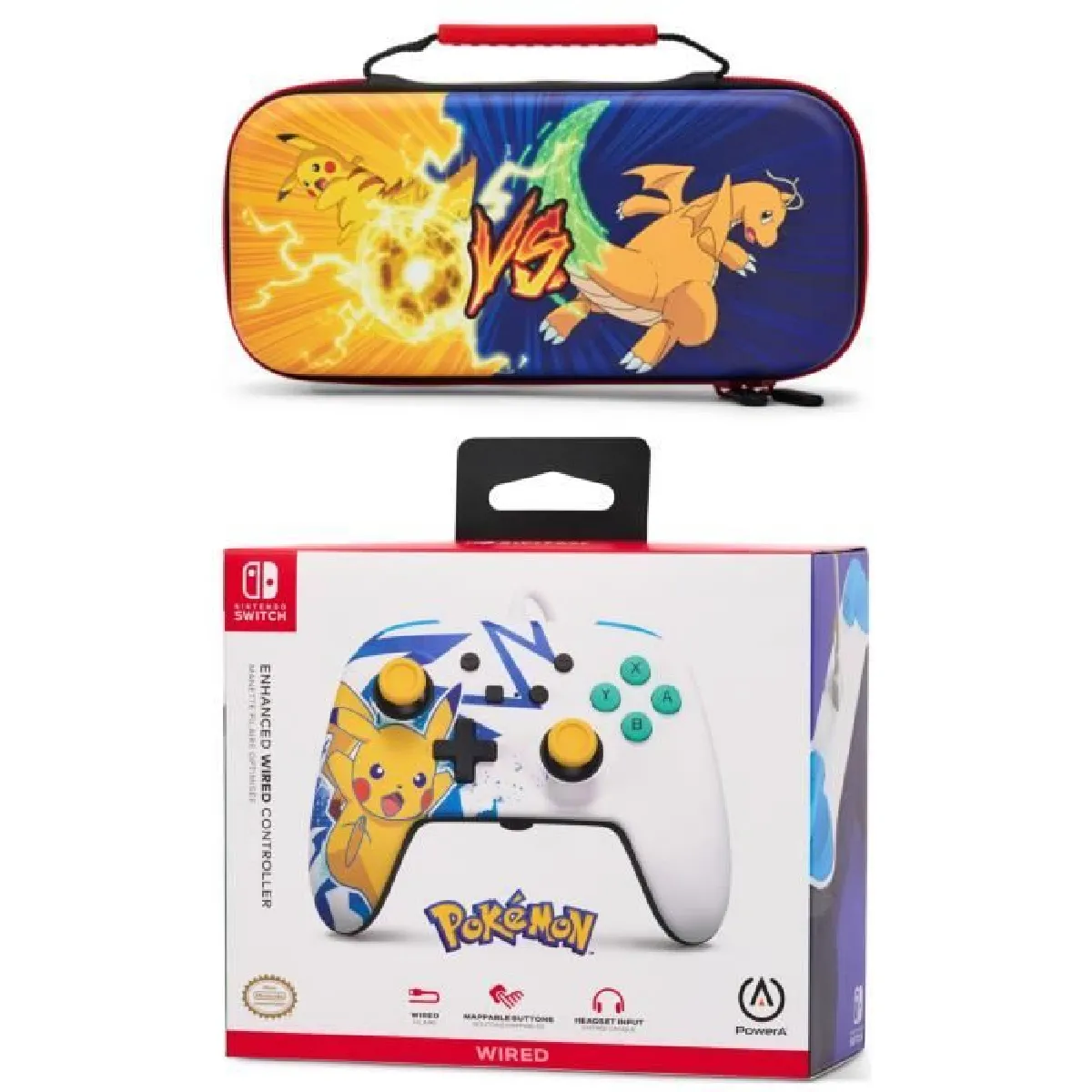 Manette SWITCH Filaire Nintendo Pikachu High Voltage Officielle + Sacoche Switch Pokemon - Pikachu vs. Dracaufeu