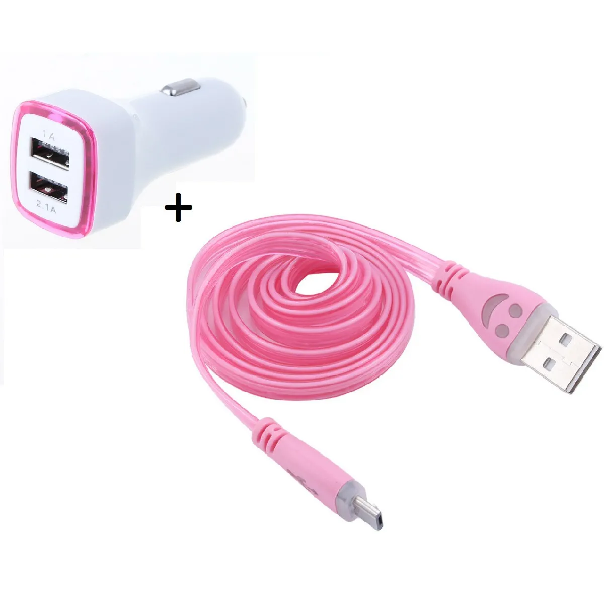 Pack Chargeur Voiture pour IPHONE 8 PLUS Lightning (Cable Smiley + Double Adaptateur LED Allume Cigare) APPLE (ROSE)