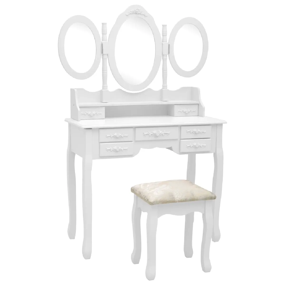 vidaXL Coiffeuse avec tabouret et miroir pliable en 3 Blanc