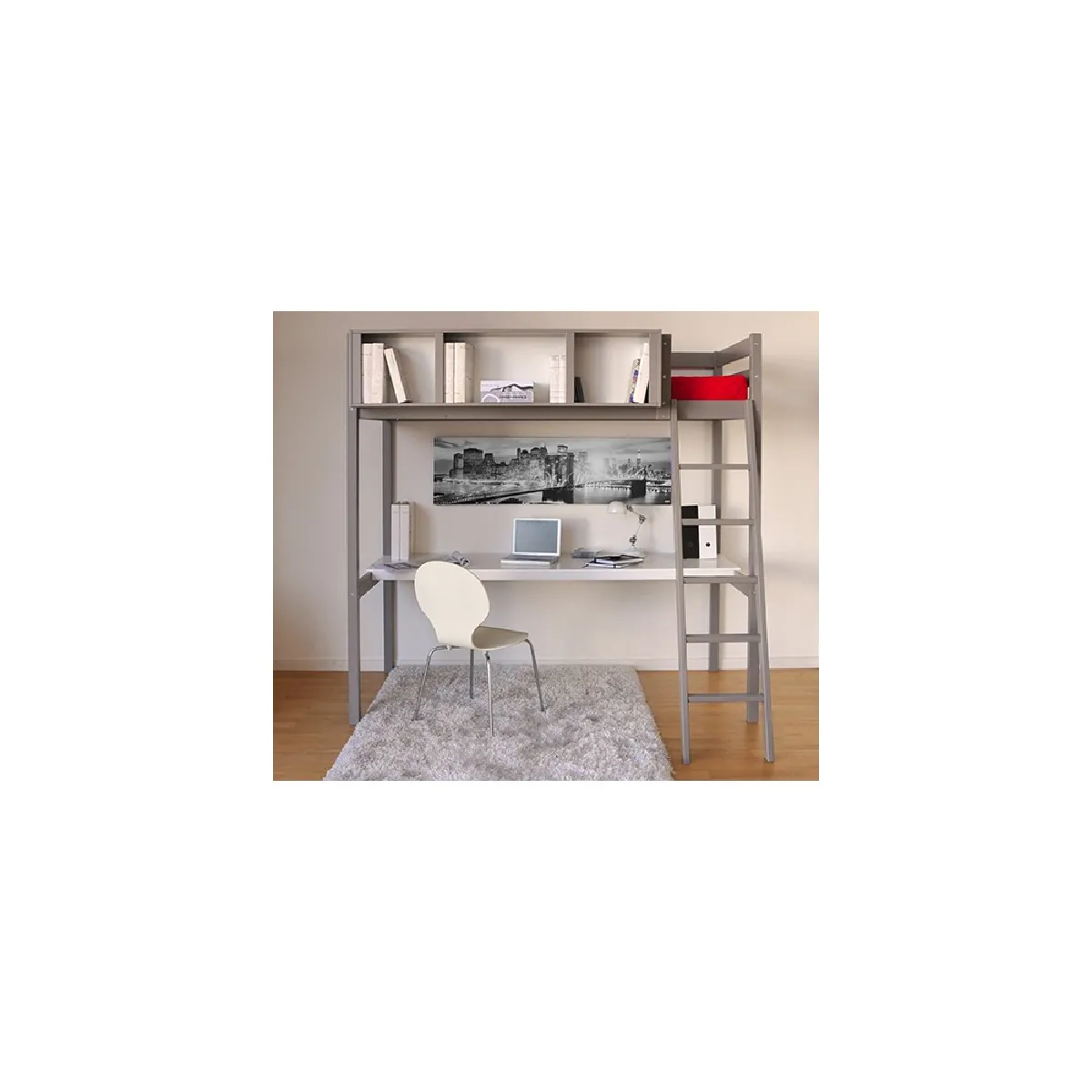 Lit mezzanine LOU 90x190 + 1 sommier + bureau + rangement 3 niches / Gris Taupe