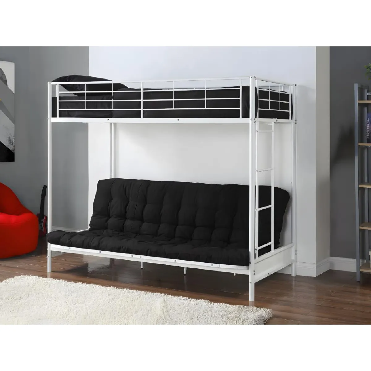 Lit mezzanine 90 x 190 cm - Avec banquette convertible - Métal - Blanc + Futon + Matelas - MODULO V